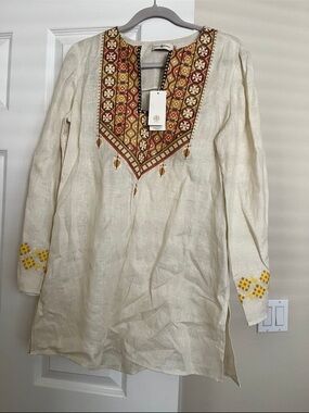Tory Burch Cream Linen Tunic with Rust and Marigold Embroidery